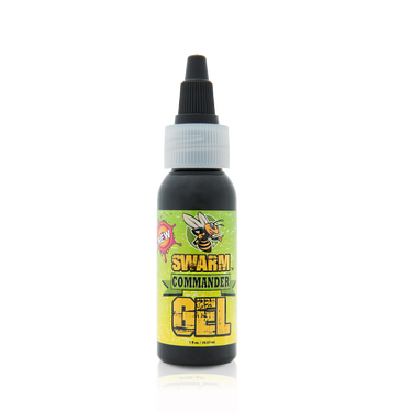 Bottle of Swarm Commander Gel with a yellow label featuring a bee illustration on a white background.